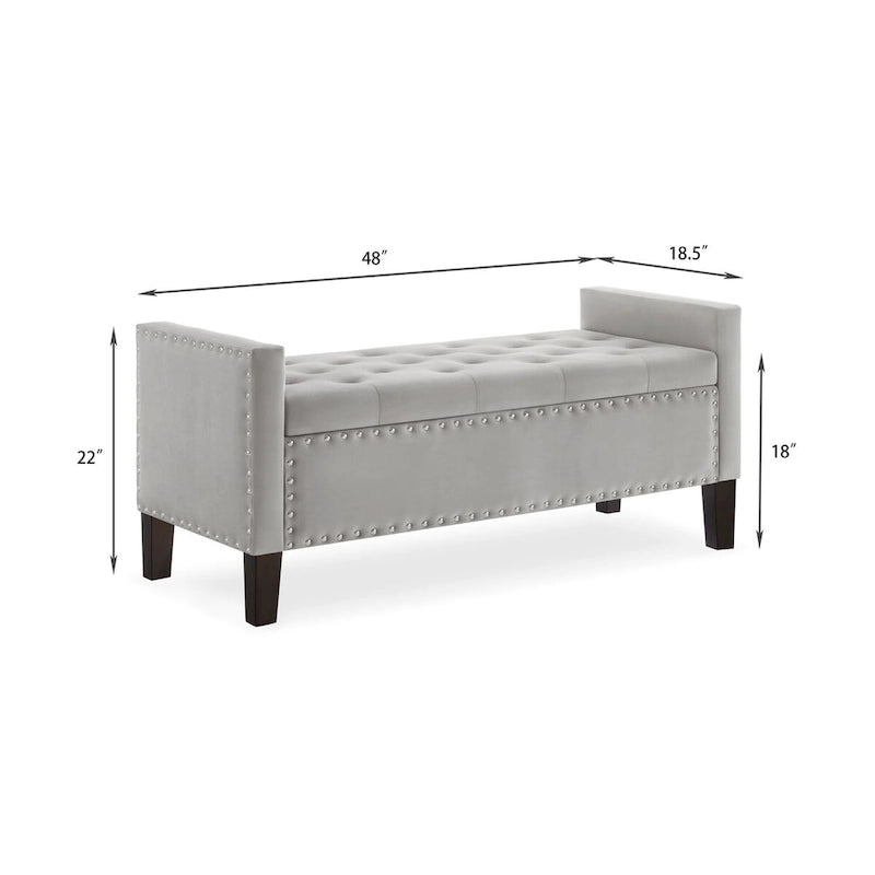 Banc de rangement capitonné en velours noir/gris/beige/marine avec bordure cloutée, 1 à 2 places