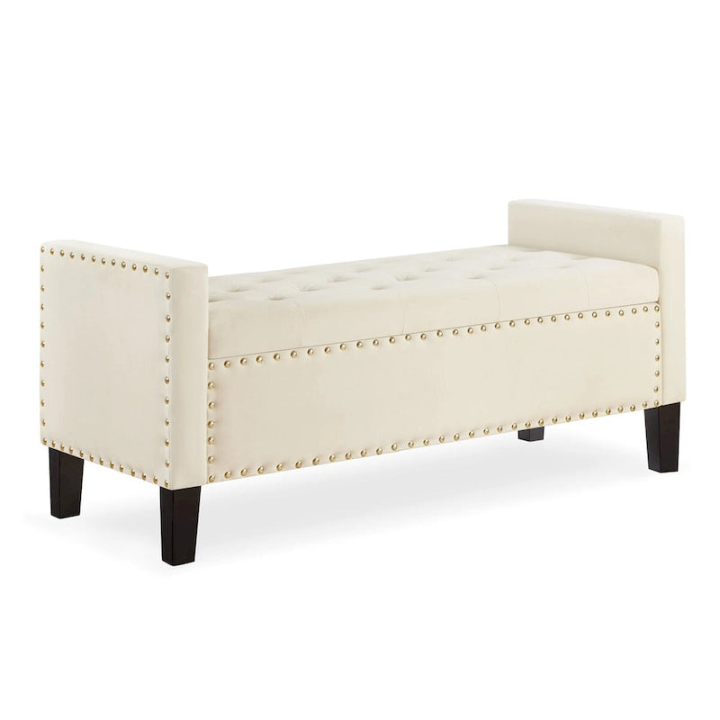 Banc de rangement capitonné en velours noir/gris/beige/marine avec bordure cloutée, 1 à 2 places