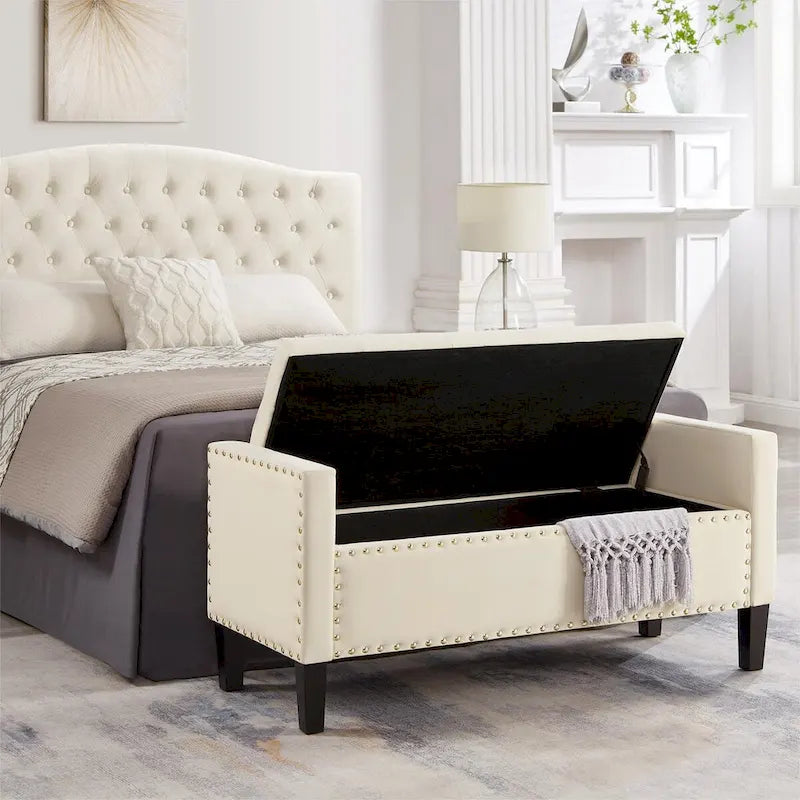 Banc de rangement capitonné en velours noir/gris/beige/marine avec bordure cloutée, 1 à 2 places