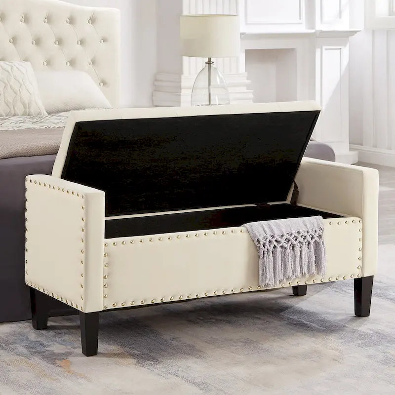 Banc de rangement capitonné en velours noir/gris/beige/marine avec bordure cloutée, 1 à 2 places