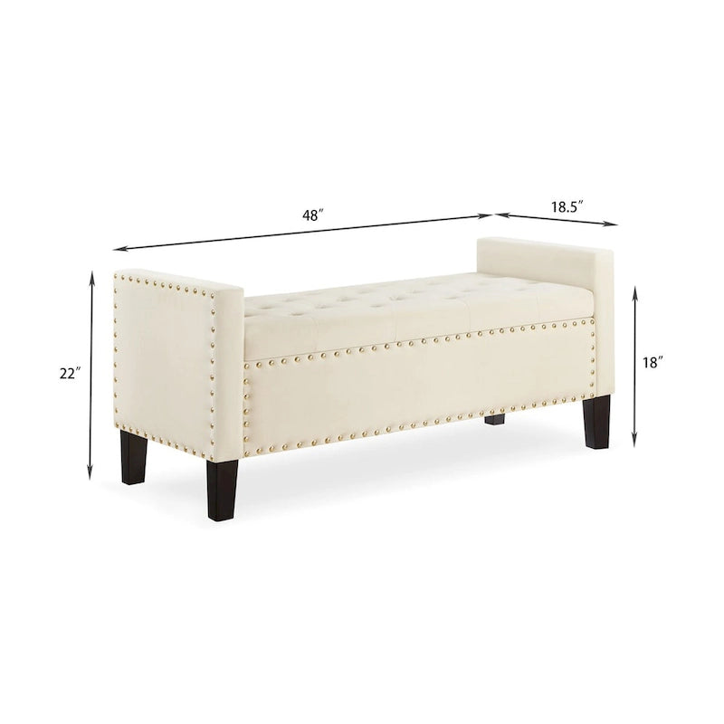 Banc de rangement capitonné en velours noir/gris/beige/marine avec bordure cloutée, 1 à 2 places