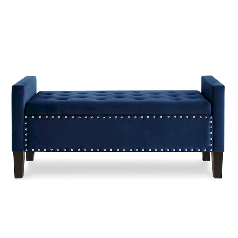 Banc de rangement capitonné en velours noir/gris/beige/marine avec bordure cloutée, 1 à 2 places