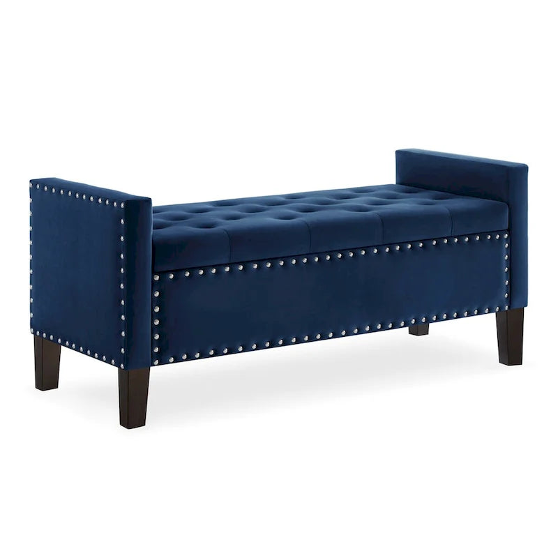 Banc de rangement capitonné en velours noir/gris/beige/marine avec bordure cloutée, 1 à 2 places