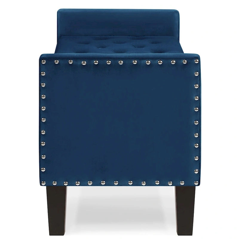 Banc de rangement capitonné en velours noir/gris/beige/marine avec bordure cloutée, 1 à 2 places