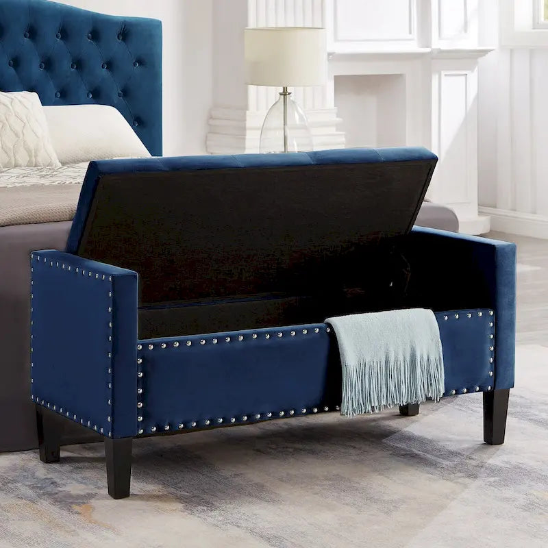 Banc de rangement capitonné en velours noir/gris/beige/marine avec bordure cloutée, 1 à 2 places