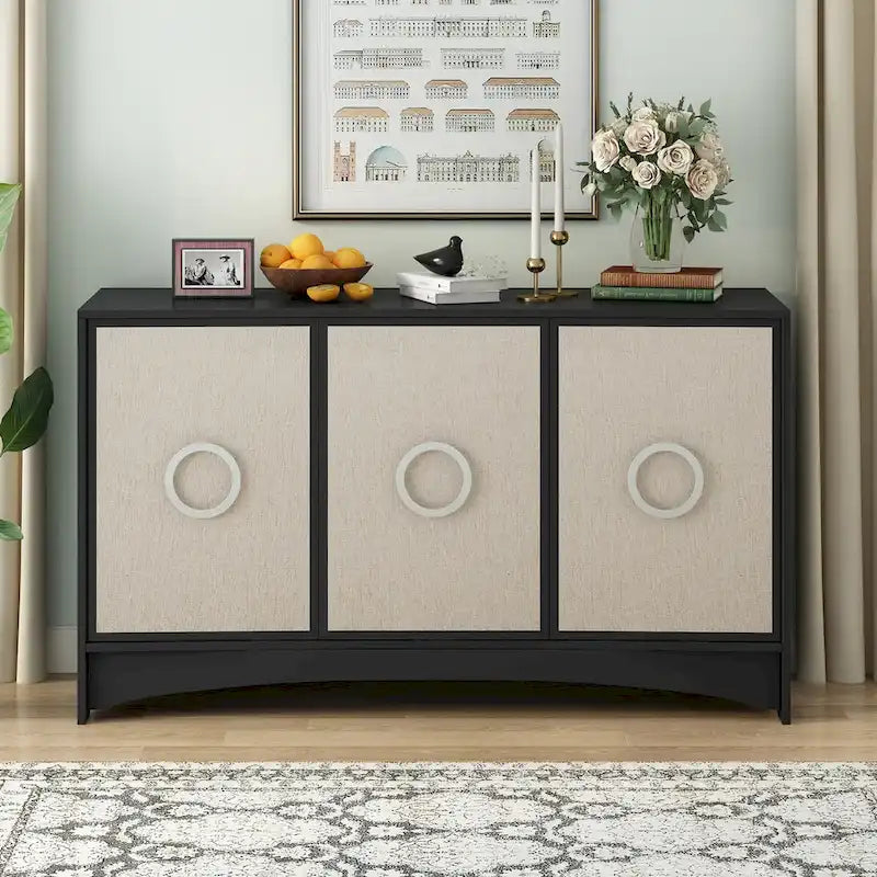Meuble de rangement incurvé à 3 portes Beige/Noir avec étagères réglables