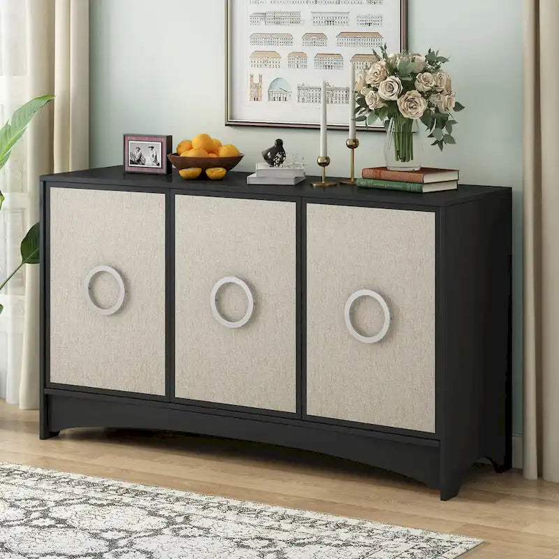 Meuble de rangement incurvé à 3 portes Beige/Noir avec étagères réglables