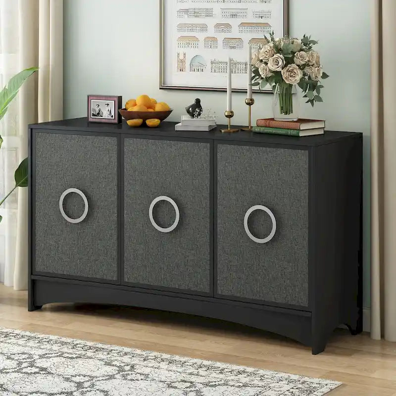 Meuble de rangement incurvé à 3 portes Beige/Noir avec étagères réglables
