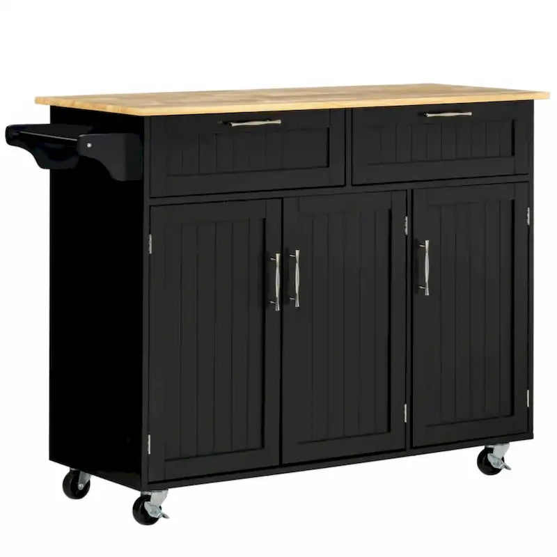 Desserte de cuisine noire avec plateau en bois, armoire à 3 portes, tiroirs et porte-serviettes, montage par 1 personne