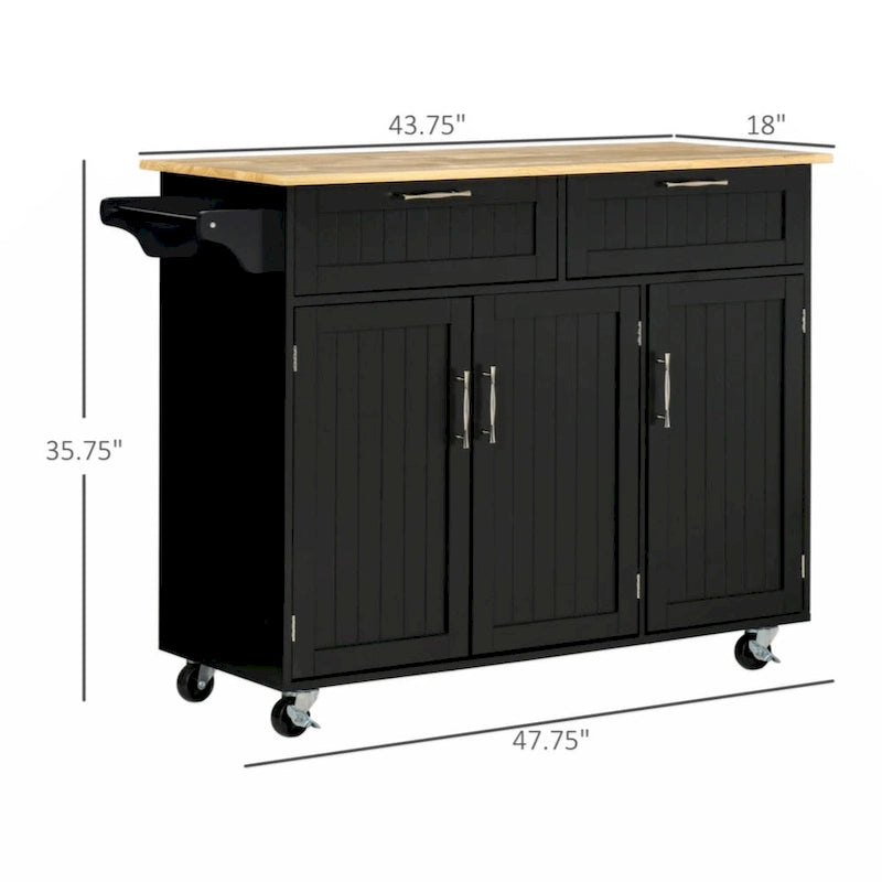 Desserte de cuisine noire avec plateau en bois, armoire à 3 portes, tiroirs et porte-serviettes, montage par 1 personne