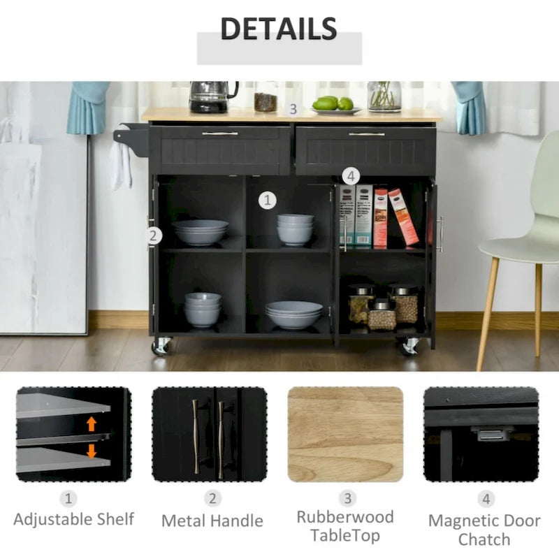 Desserte de cuisine noire avec plateau en bois, armoire à 3 portes, tiroirs et porte-serviettes, montage par 1 personne