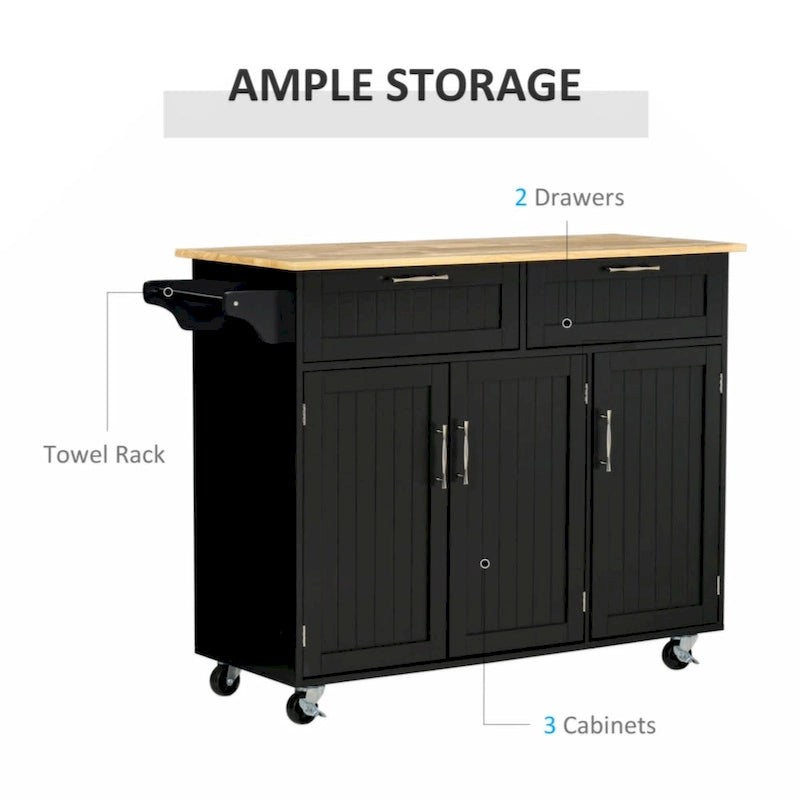 Desserte de cuisine noire avec plateau en bois, armoire à 3 portes, tiroirs et porte-serviettes, montage par 1 personne
