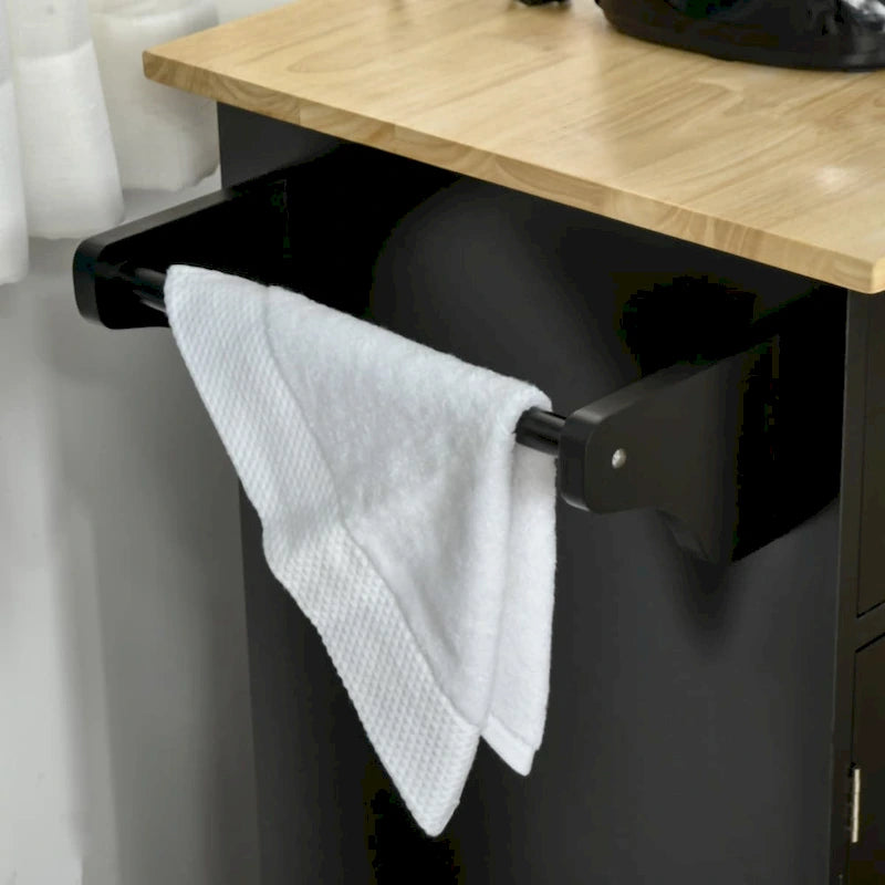 Desserte de cuisine noire avec plateau en bois, armoire à 3 portes, tiroirs et porte-serviettes, montage par 1 personne