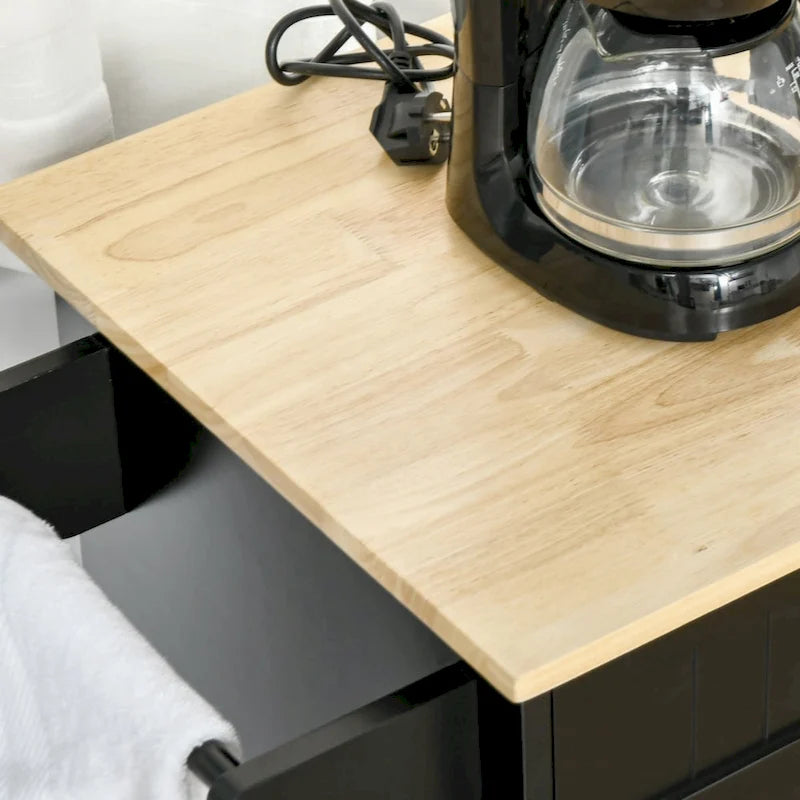 Desserte de cuisine noire avec plateau en bois, armoire à 3 portes, tiroirs et porte-serviettes, montage par 1 personne