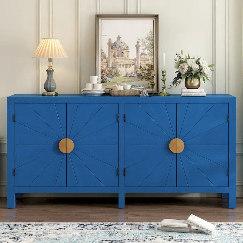 Buffet 4 portes, bleu marine/noir, style ligne rayonnante en placage de frêne, 1 personne