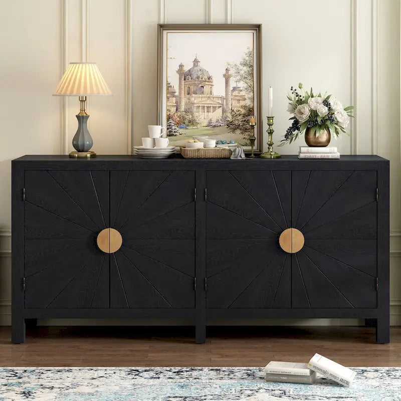 Buffet 4 portes, bleu marine/noir, style ligne rayonnante en placage de frêne, 1 personne