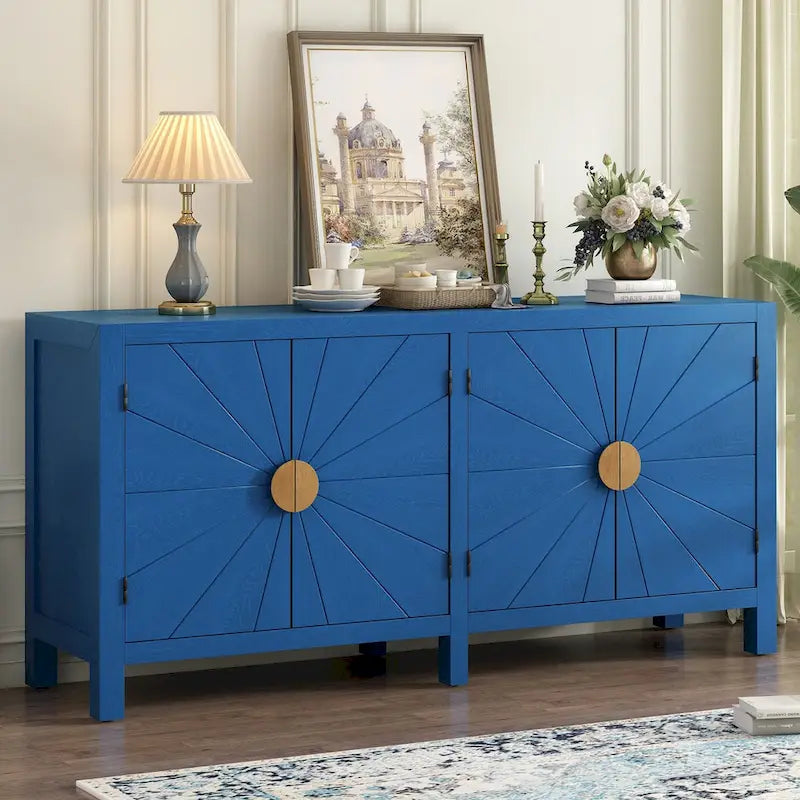 Buffet 4 portes, bleu marine/noir, style ligne rayonnante en placage de frêne, 1 personne