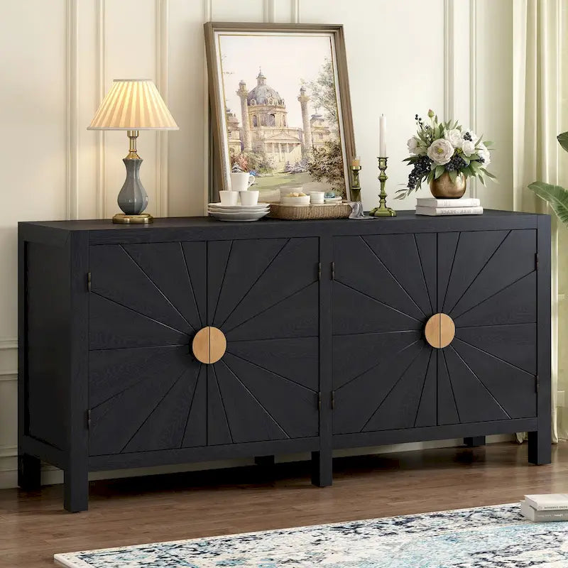 Buffet 4 portes, bleu marine/noir, style ligne rayonnante en placage de frêne, 1 personne