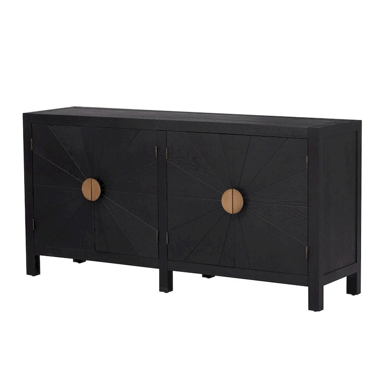 Buffet 4 portes, bleu marine/noir, style ligne rayonnante en placage de frêne, 1 personne