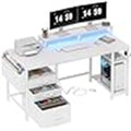 Bureau d'ordinateur blanc au fini bois avec classeur, lumières DEL et support à moniteur – 1 personne