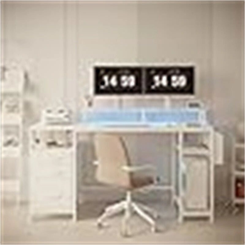 Bureau d'ordinateur blanc au fini bois avec classeur, lumières DEL et support à moniteur – 1 personne