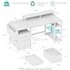 Bureau d'ordinateur blanc au fini bois avec classeur, lumières DEL et support à moniteur – 1 personne