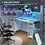 Bureau d'ordinateur blanc au fini bois avec classeur, lumières DEL et support à moniteur – 1 personne