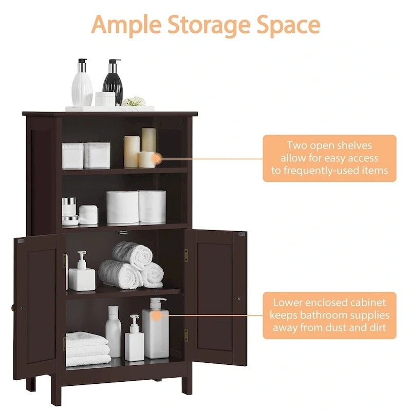Meuble de salle de bain sur pied en bois à 5 niveaux Espresso / Blanc avec étagère réglable