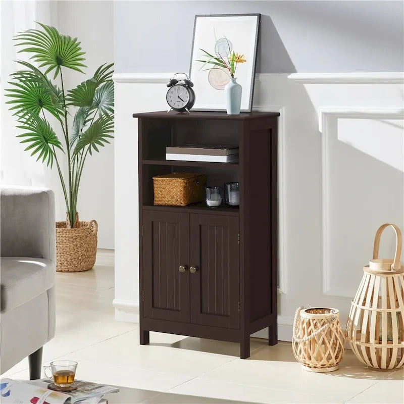 Meuble de salle de bain sur pied en bois à 5 niveaux Espresso / Blanc avec étagère réglable
