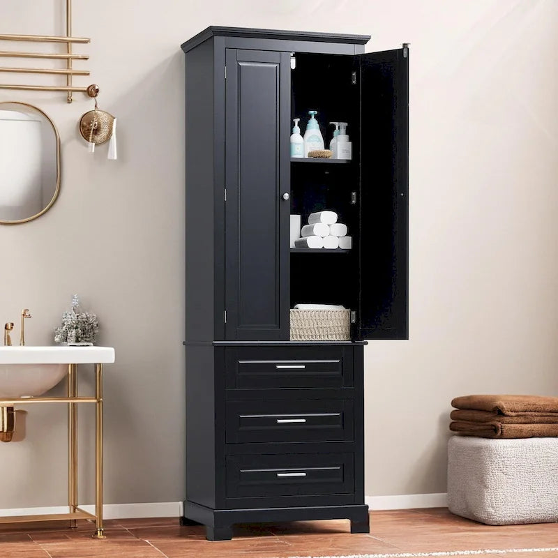 Meuble de rangement autoportant avec 2 portes et 3 tiroirs, étagère réglable – Blanc / Noir / Gris