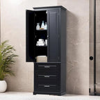 Meuble de rangement autoportant avec 2 portes et 3 tiroirs, étagère réglable – Blanc / Noir / Gris
