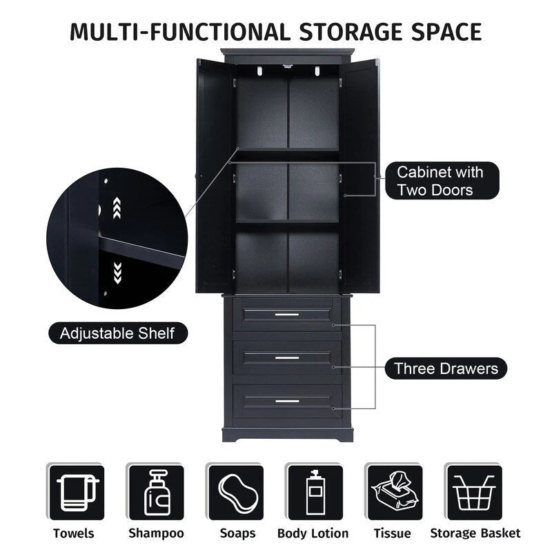 Meuble de rangement autoportant avec 2 portes et 3 tiroirs, étagère réglable – Blanc / Noir / Gris