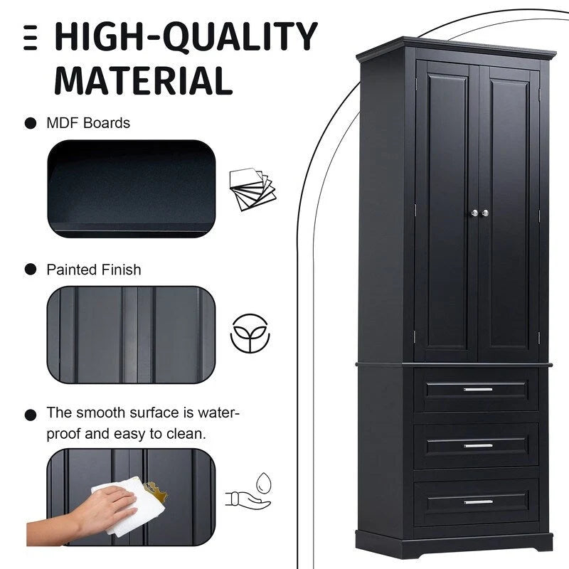 Meuble de rangement autoportant avec 2 portes et 3 tiroirs, étagère réglable – Blanc / Noir / Gris