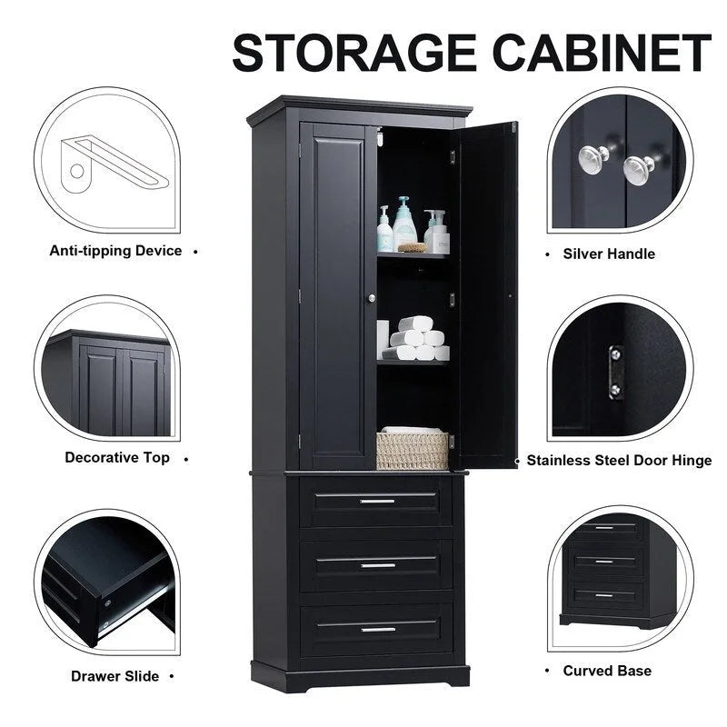 Meuble de rangement autoportant avec 2 portes et 3 tiroirs, étagère réglable – Blanc / Noir / Gris