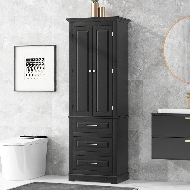 Meuble de rangement autoportant avec 2 portes et 3 tiroirs, étagère réglable – Blanc / Noir / Gris