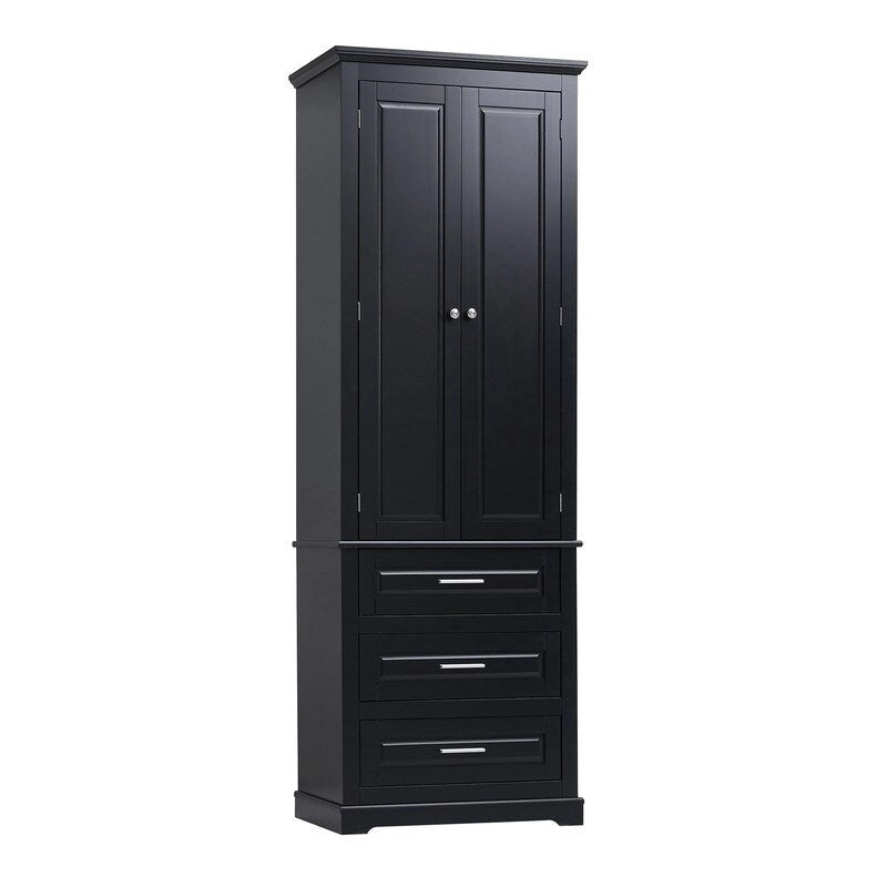 Meuble de rangement autoportant avec 2 portes et 3 tiroirs, étagère réglable – Blanc / Noir / Gris