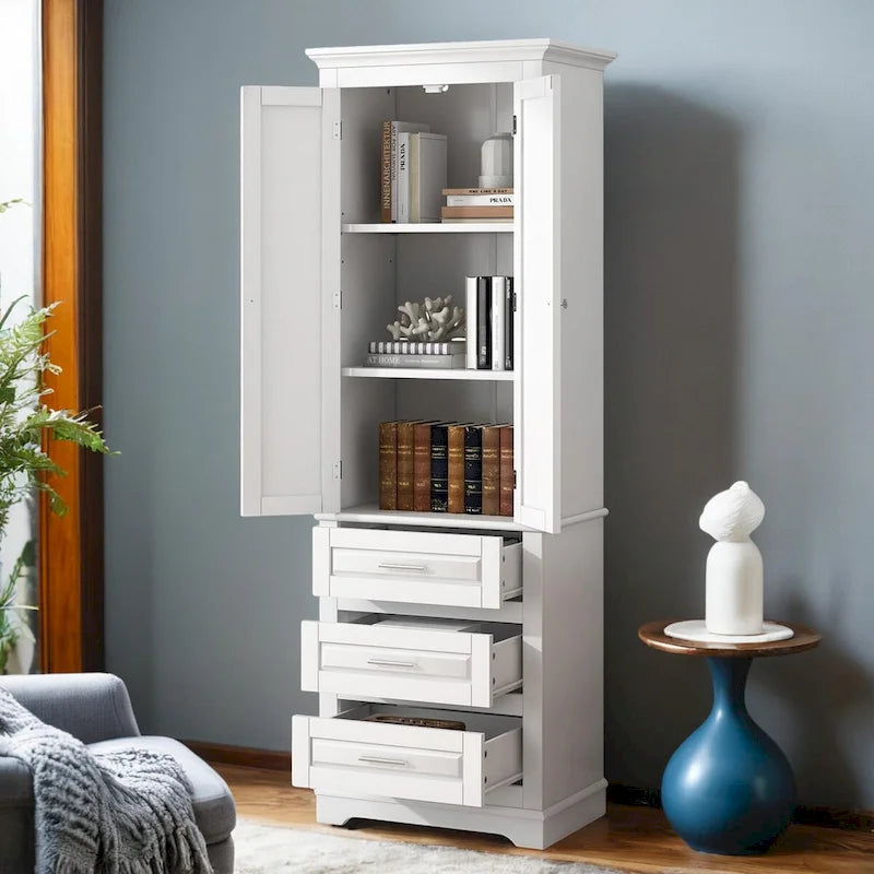 Meuble de rangement autoportant avec 2 portes et 3 tiroirs, étagère réglable – Blanc / Noir / Gris