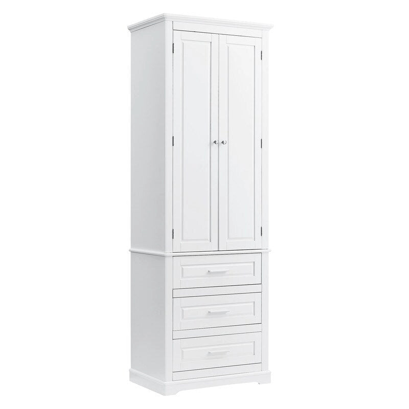 Meuble de rangement autoportant avec 2 portes et 3 tiroirs, étagère réglable – Blanc / Noir / Gris
