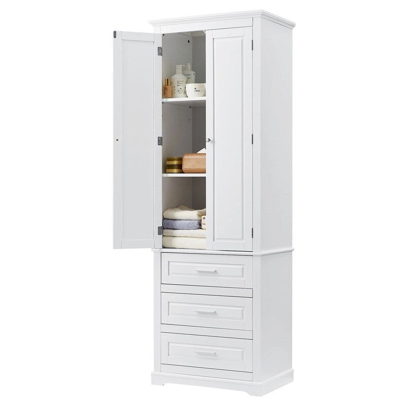 Meuble de rangement autoportant avec 2 portes et 3 tiroirs, étagère réglable – Blanc / Noir / Gris