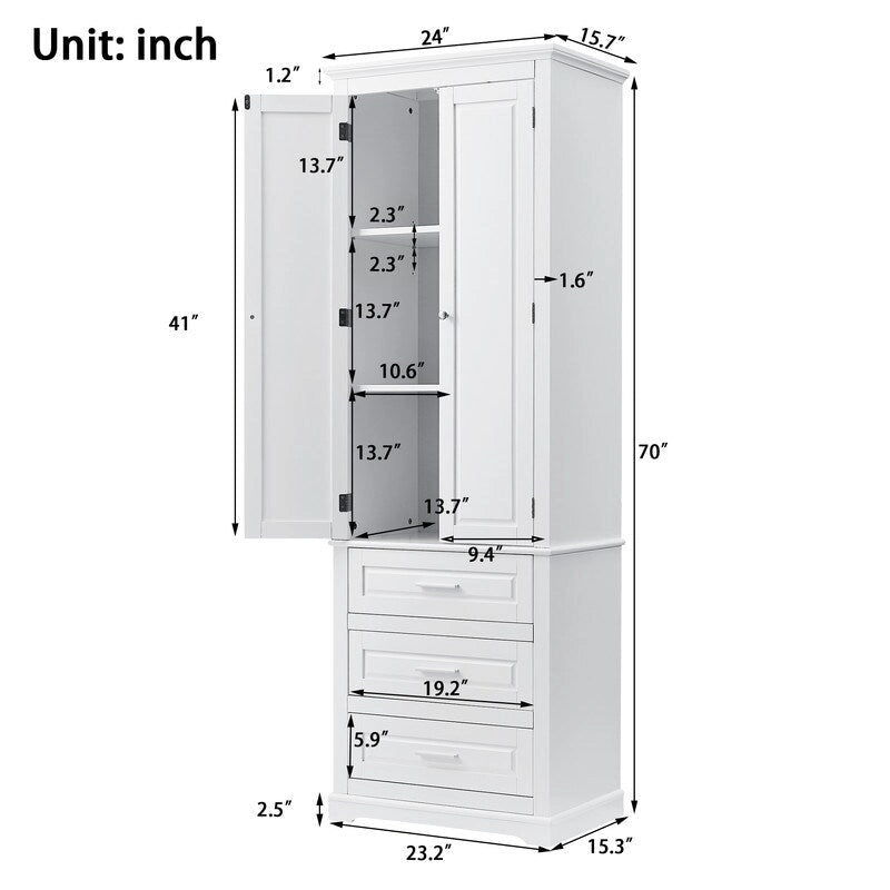 Meuble de rangement autoportant avec 2 portes et 3 tiroirs, étagère réglable – Blanc / Noir / Gris