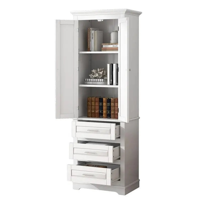 Meuble de rangement autoportant avec 2 portes et 3 tiroirs, étagère réglable – Blanc / Noir / Gris