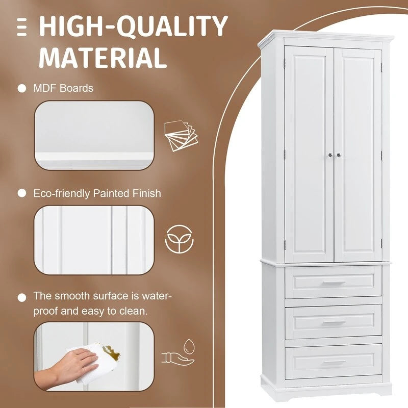 Meuble de rangement autoportant avec 2 portes et 3 tiroirs, étagère réglable – Blanc / Noir / Gris