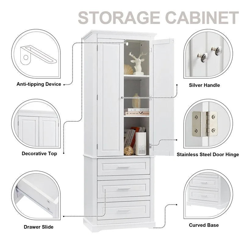 Meuble de rangement autoportant avec 2 portes et 3 tiroirs, étagère réglable – Blanc / Noir / Gris