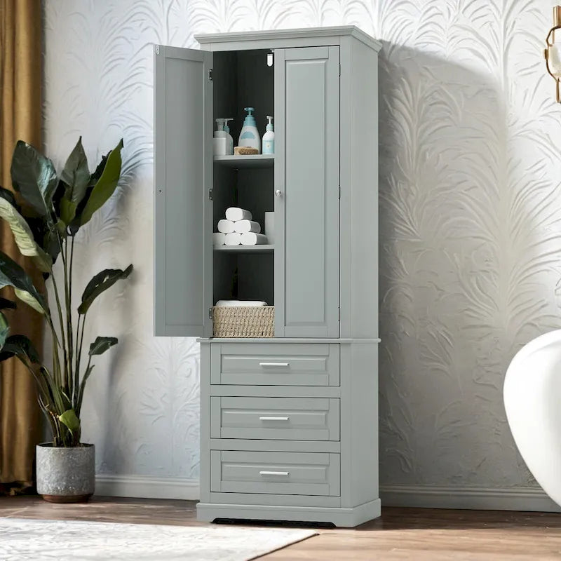 Meuble de rangement autoportant avec 2 portes et 3 tiroirs, étagère réglable – Blanc / Noir / Gris
