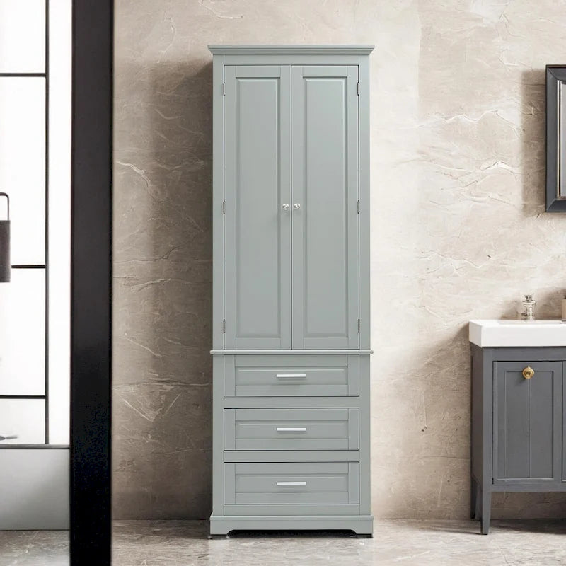 Meuble de rangement autoportant avec 2 portes et 3 tiroirs, étagère réglable – Blanc / Noir / Gris