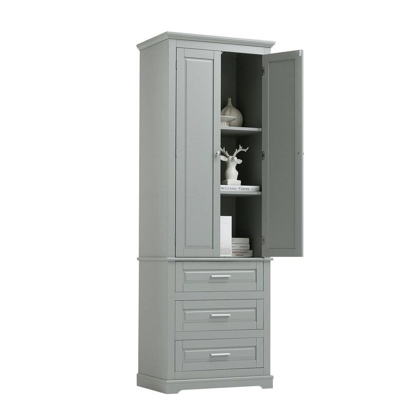 Meuble de rangement autoportant avec 2 portes et 3 tiroirs, étagère réglable – Blanc / Noir / Gris