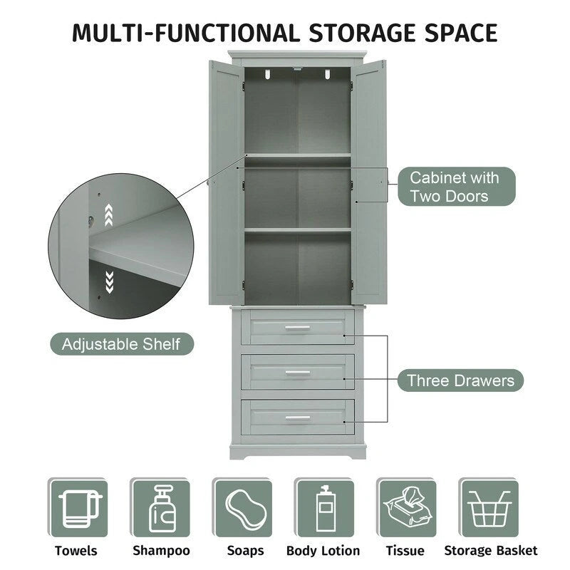 Meuble de rangement autoportant avec 2 portes et 3 tiroirs, étagère réglable – Blanc / Noir / Gris