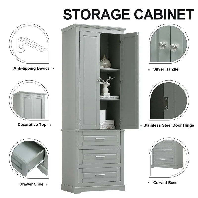 Meuble de rangement autoportant avec 2 portes et 3 tiroirs, étagère réglable – Blanc / Noir / Gris