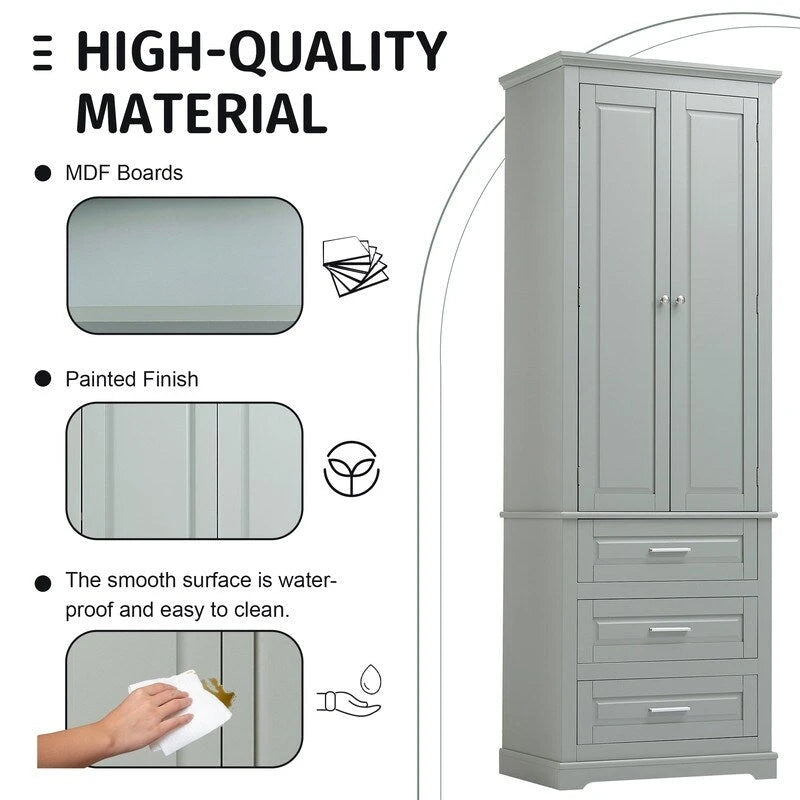 Meuble de rangement autoportant avec 2 portes et 3 tiroirs, étagère réglable – Blanc / Noir / Gris