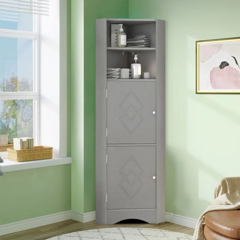 Meuble de rangement haut d'angle avec poignées métalliques – Noir / Blanc / Gris, Bois, 1 personne